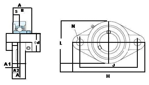 2 7/16 Inch Bearing UCFL212-39 + 2 Bolts Flanged Housing Mounted - VXB Ball Bearings