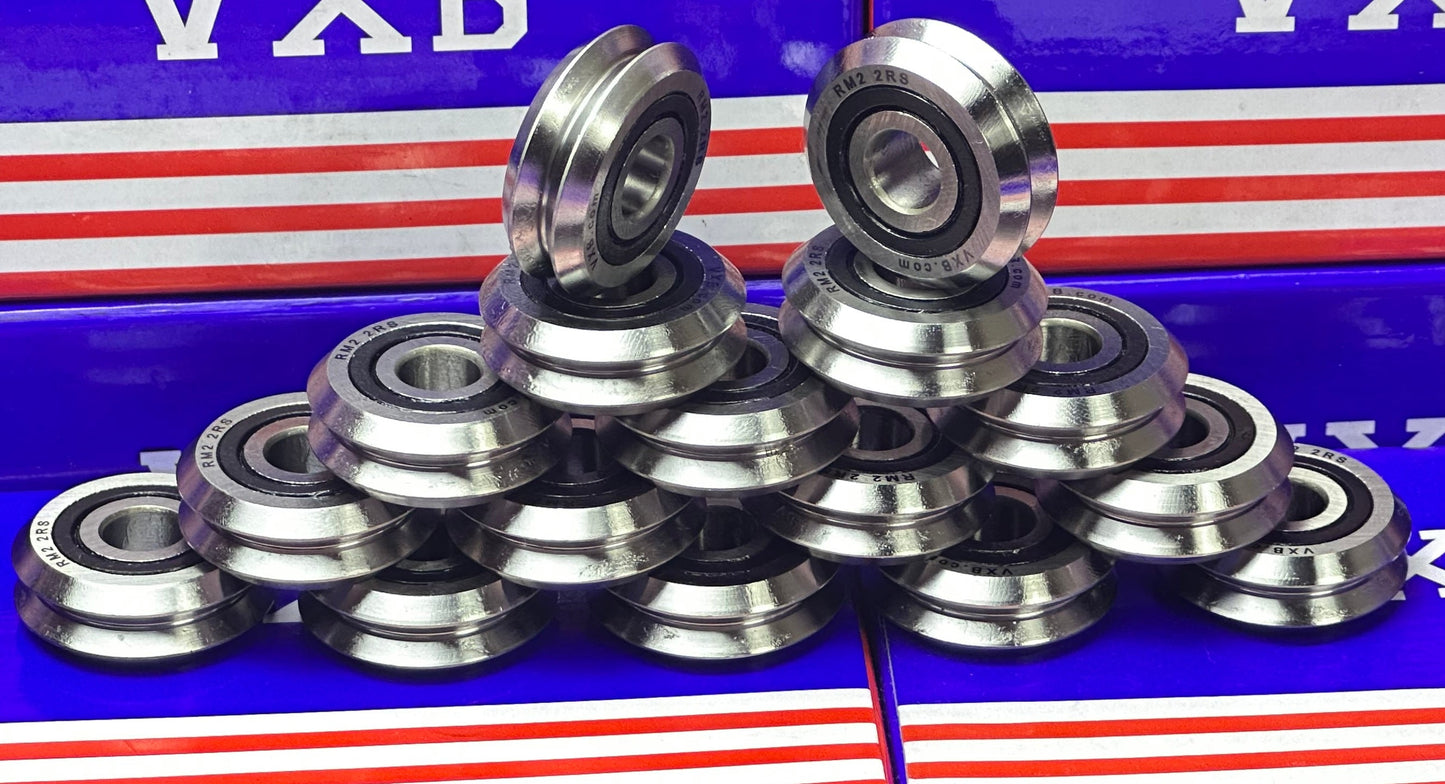 16-PIECES RM2-2RS 3/8'' Roller Ball Bearing V Groove Rubber Sealed Line Track Roller Bearing