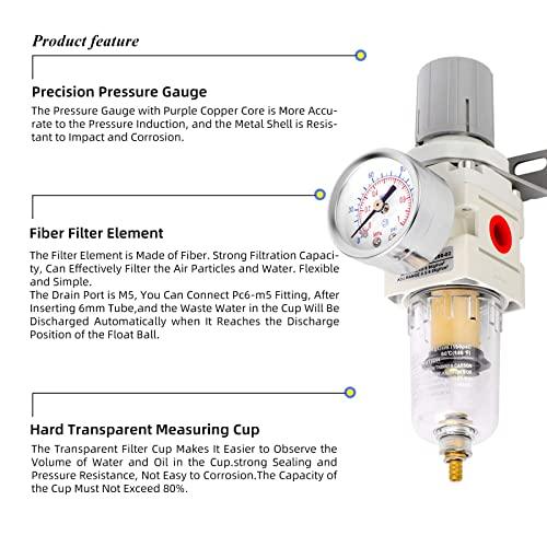 1/4 Inch NPT Air Filter Pressure Regulator Combo Piggyback, Air Tool Compressor Filter with Gauge AW2000-02 - VXB Ball Bearings