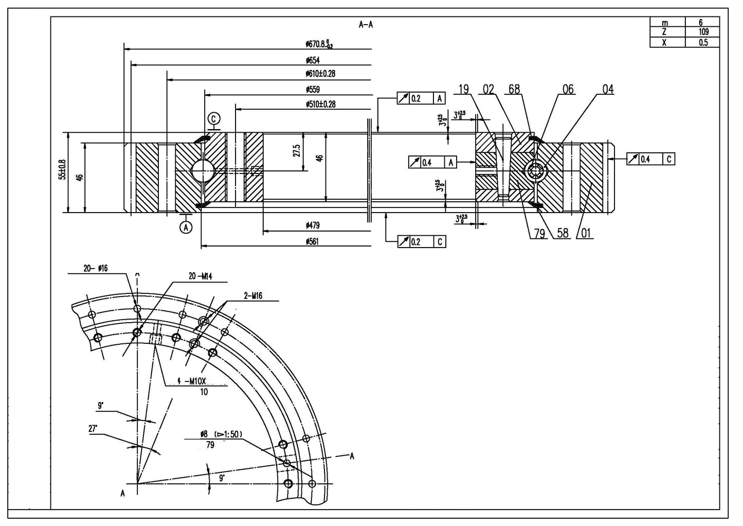 19 Inch Four-Point Contact 479x670.8x55 mm Ball Slewing Ring Bearing with Outside Gear